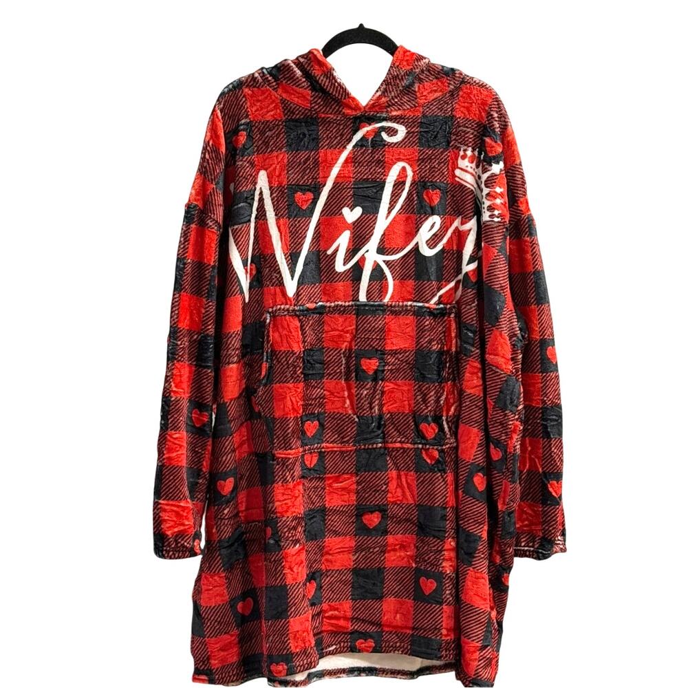 NEW "Wifey" Wearable Blanket Hoodie for Women Red Plaid One Size Fits Most
